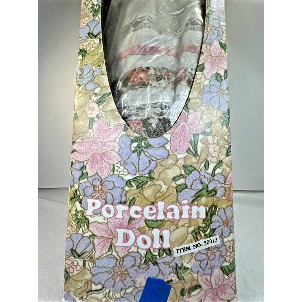 VTG Porcelain Doll Blonde Pigtails/Blue Eyes and Smock Dress with Straw Hat NIB